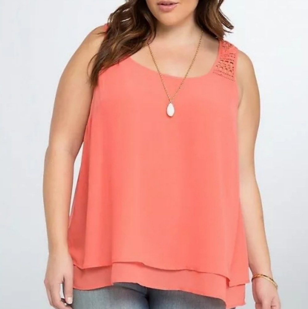 Torrid coral layered tank top w/ crochet detail 1X